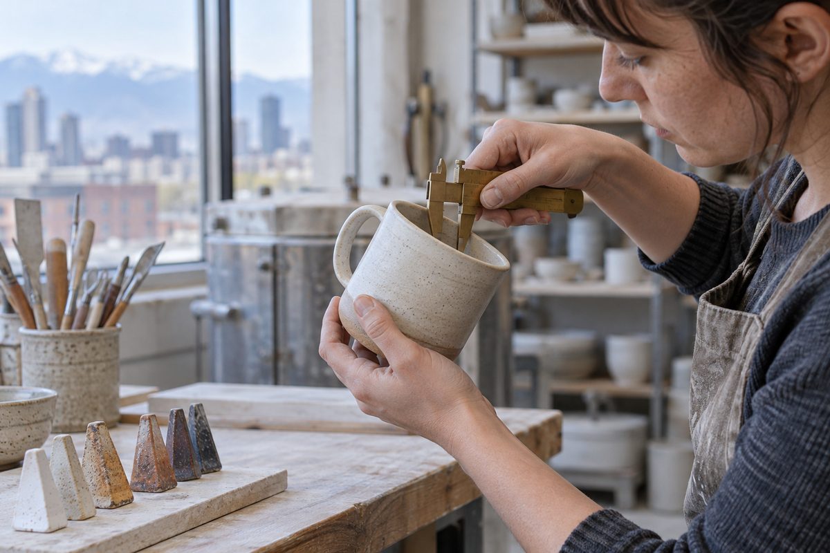 Curator examining stoneware mug rim tolerances and vitrified glaze finish.