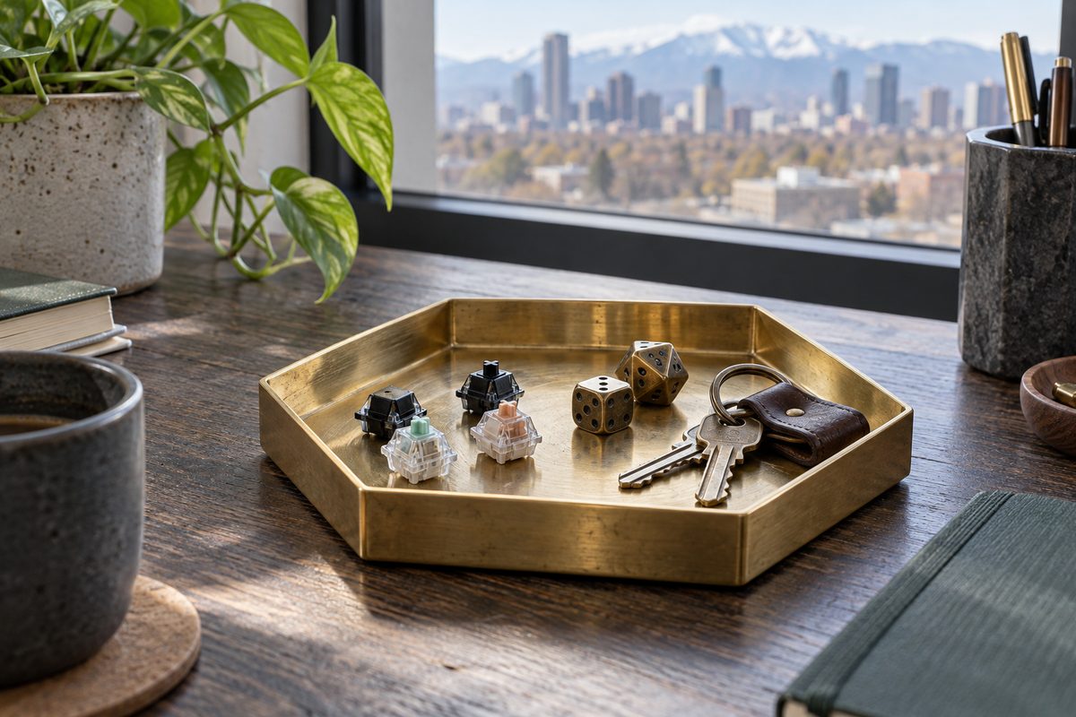 CNC-machined solid brass hexagonal valet tray with desk accessories.