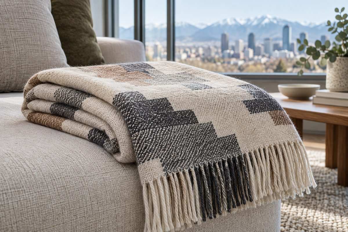 Folded pixel herringbone New Zealand wool throw on minimalist studio shelf.