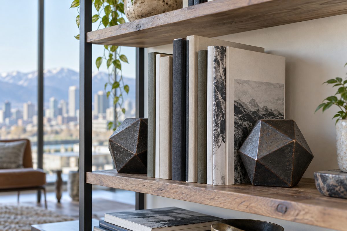 Faceted cast iron d20 bookends holding hardbound rulebooks on studio shelving.
