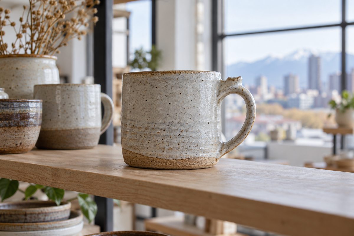 Matte feldspar stoneware hearth mug exhibited on pale timber display shelf.