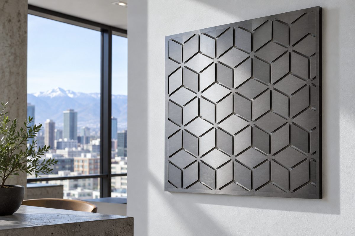 Anodised aluminium isometric dungeon wall plate mounted on display partition.