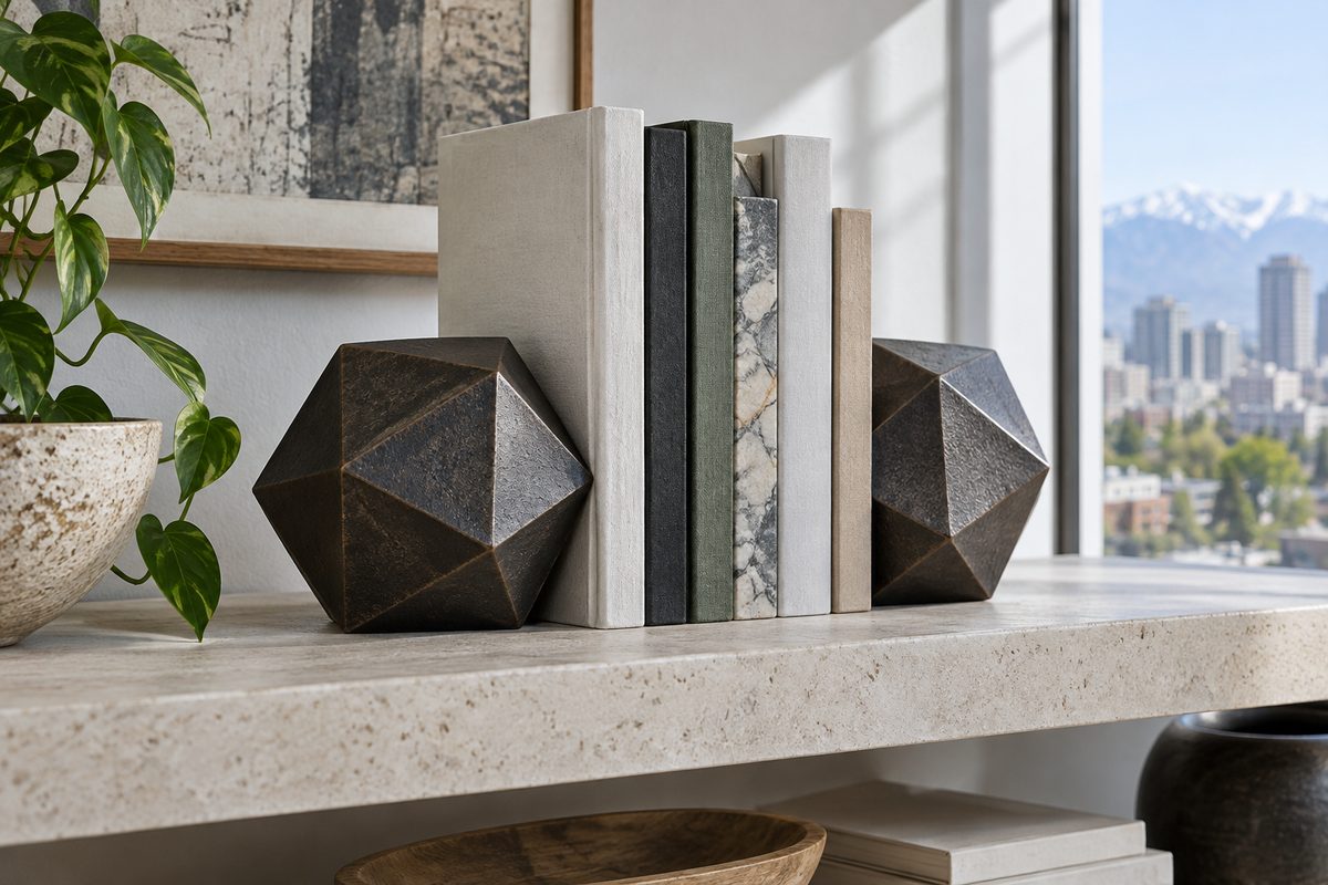 Pair of solid cast iron twenty-sided geometric bookends holding books on a shelf.