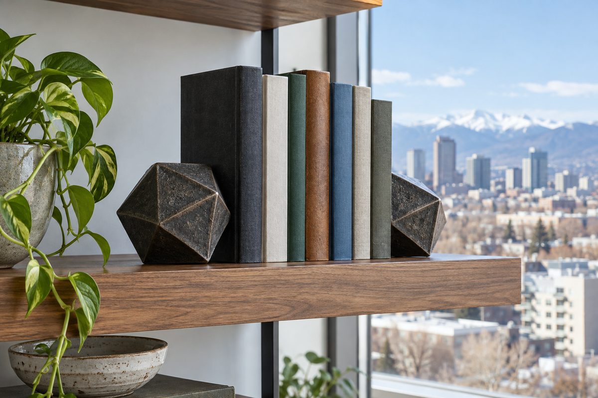 Pair of solid cast iron twenty-sided geometric bookends holding books on a shelf.