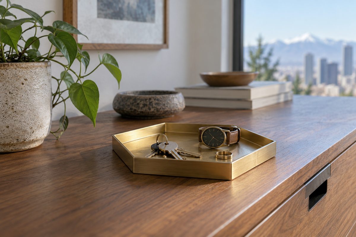 CNC-machined solid brass hexagonal valet tray with desk accessories.