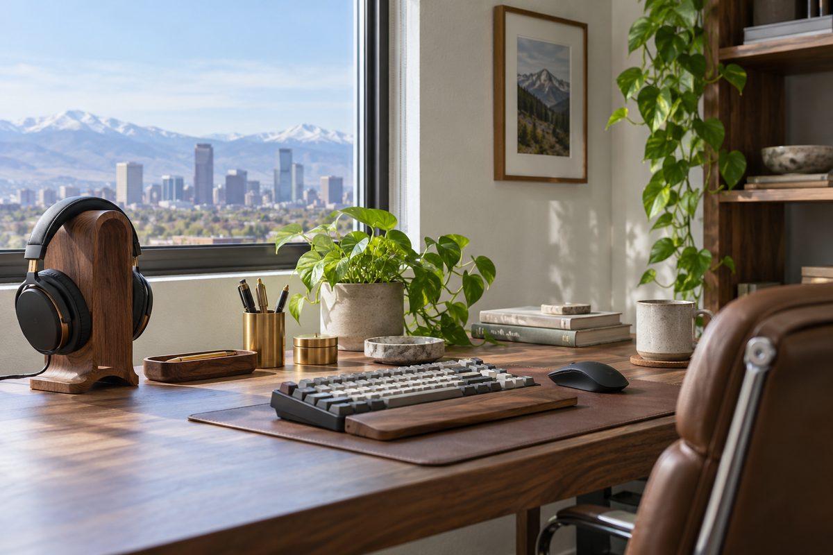 Quiet study desk with turned brass cable anchors keeping peripheral cords aligned.