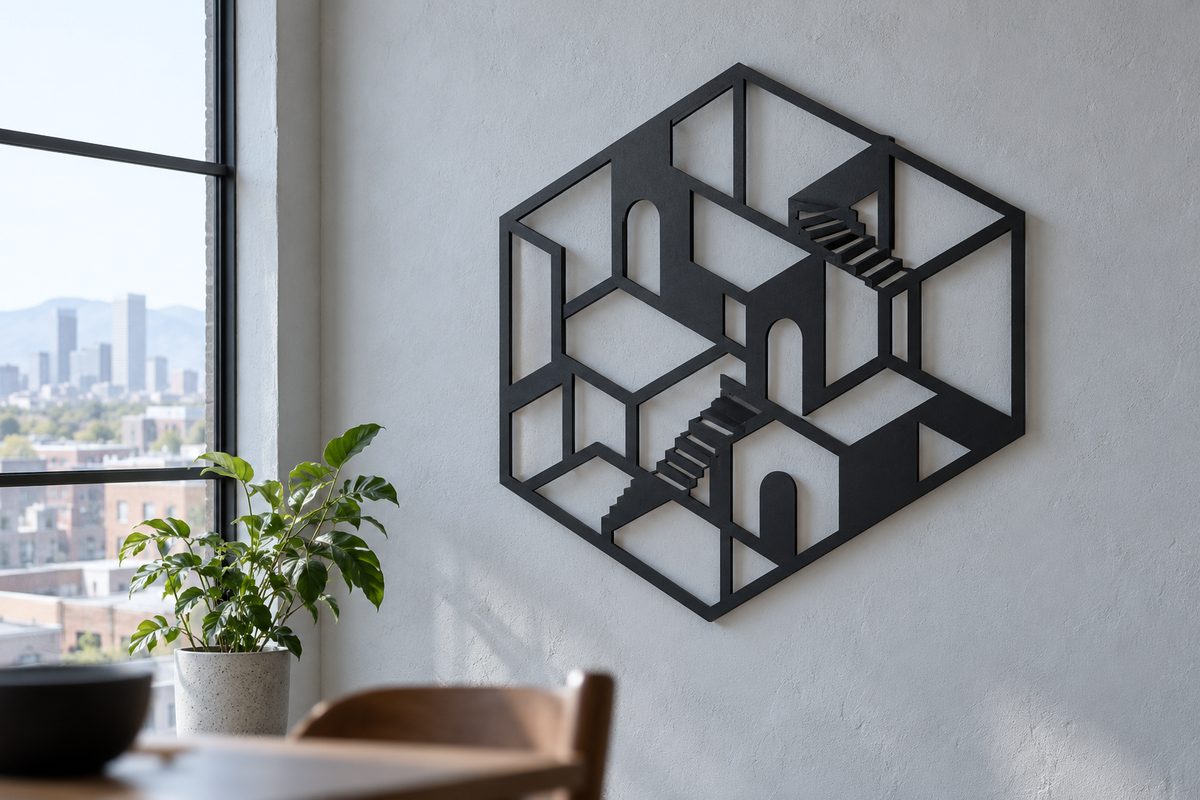 Laser-cut anodised aluminium isometric wall sculpture on cool grey interior wall.
