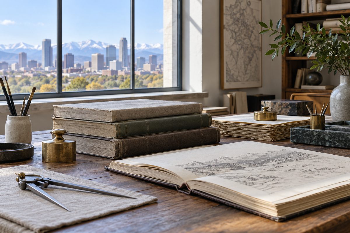 Curator workspace with archival ledgers, brass weights, and drafting tools.
