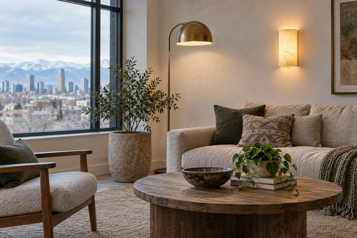 Ambient architectural lighting and glowing brass task lamps.