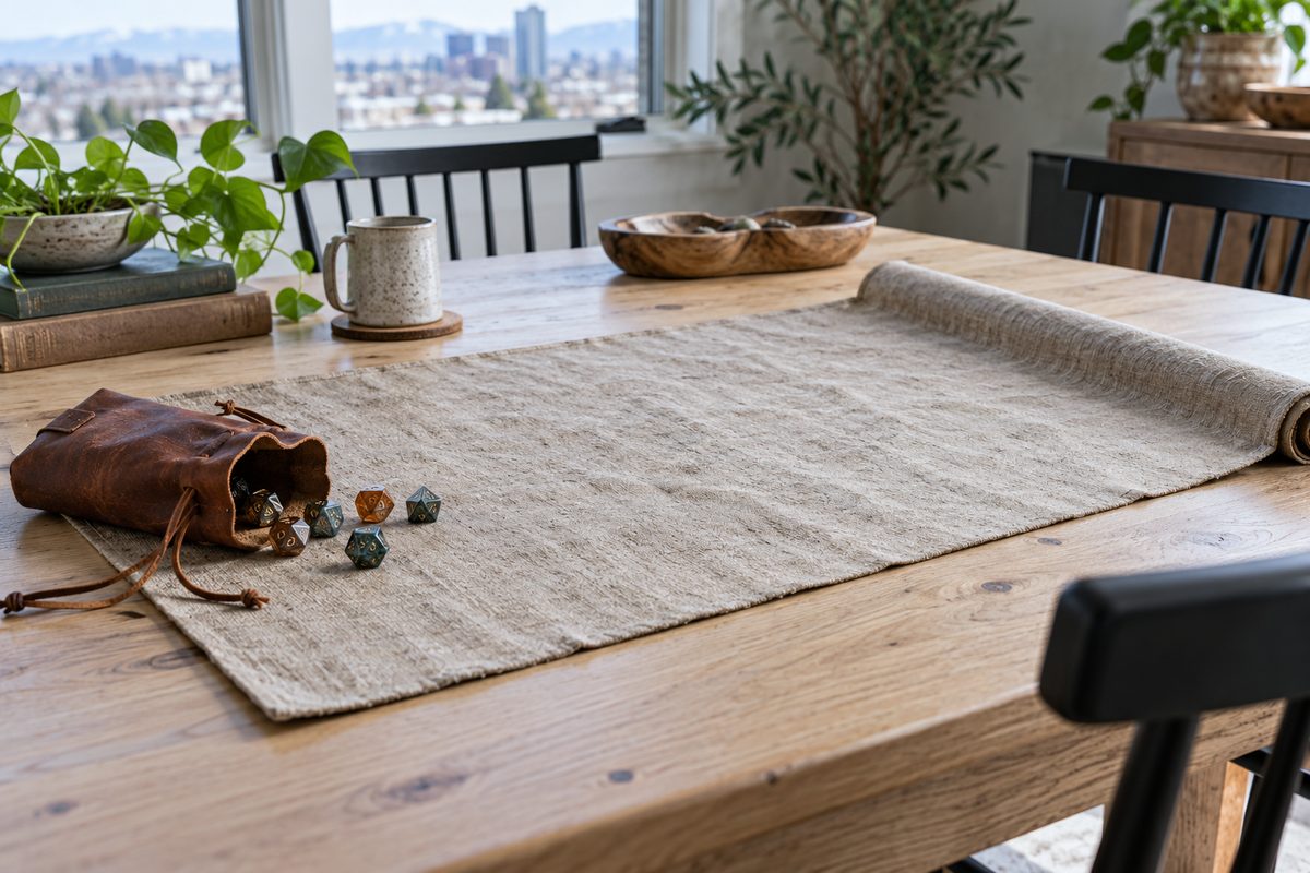 Heavy natural linen tabletop gaming surface and leather bound accessories.