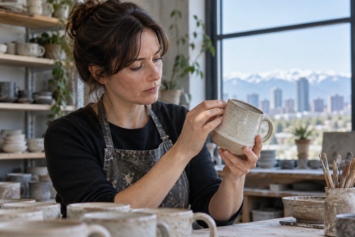 Curator hands inspecting the rim finish of a handmade stoneware mug.