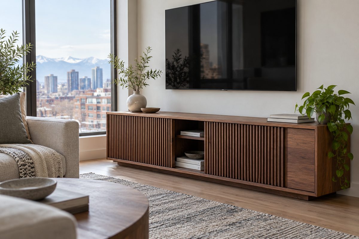 Handcrafted solid walnut media credenza designed for discreet gaming equipment storage.