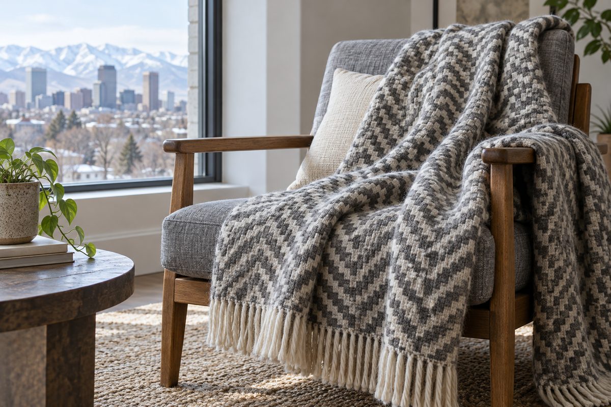 Heavy wool throw blanket with subtle woven pixel herringbone pattern on chair.